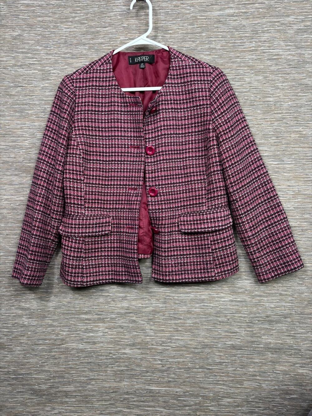 Kasper Tweed Blazer Jacket Womens Size 12P Pink Black 3 Buttons Classic Office